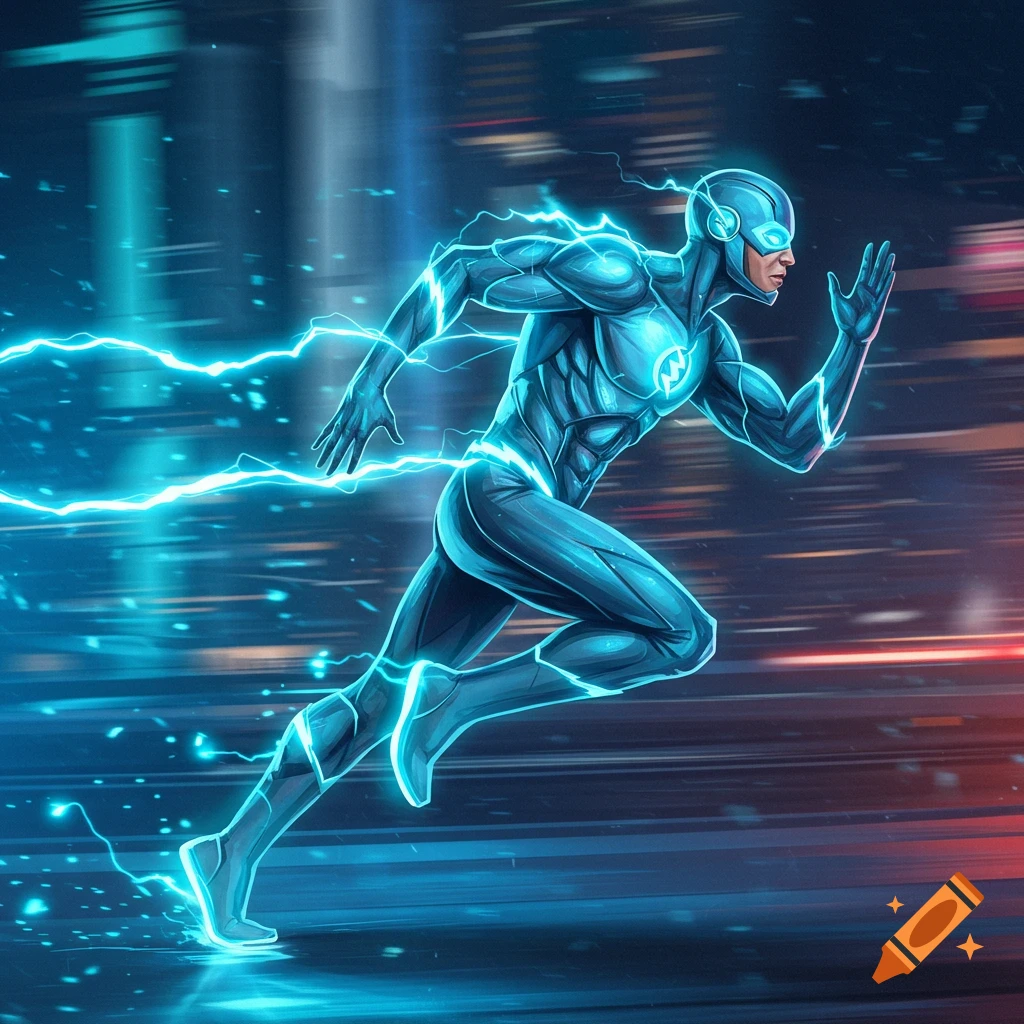 A speedster in a glowing blue suit with a helmet runs through a futuristic city at night, leaving blue lightning streaks.