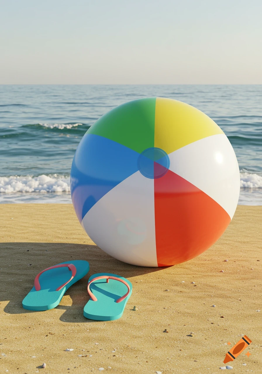A colorful beach ball and blue flip-flops rest on a sandy beach with the ocean and sky in the background, photorealistic style.