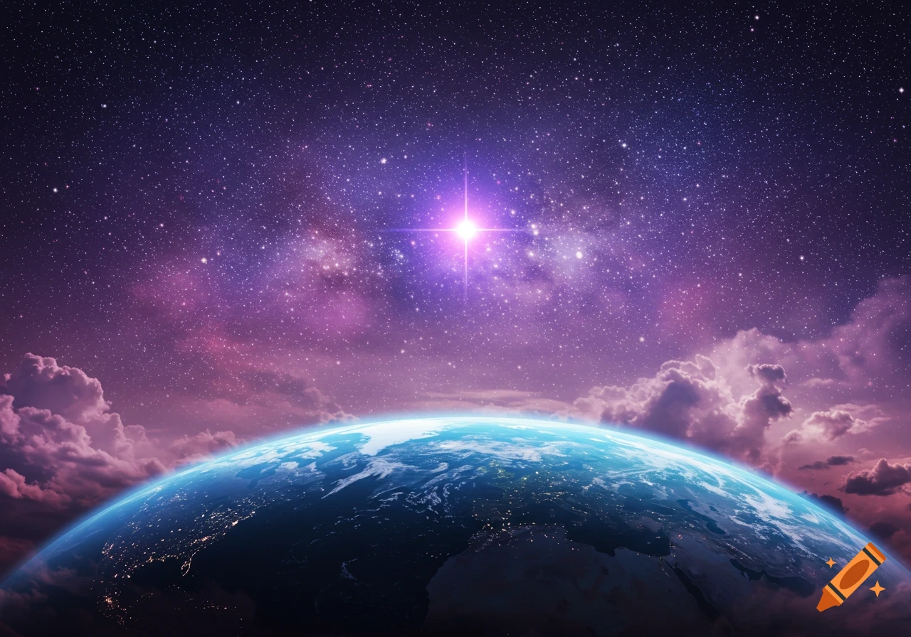 A vibrant view of Earth from space, with purple and pink nebulas, a bright star, and visible city lights on the planet's surface.