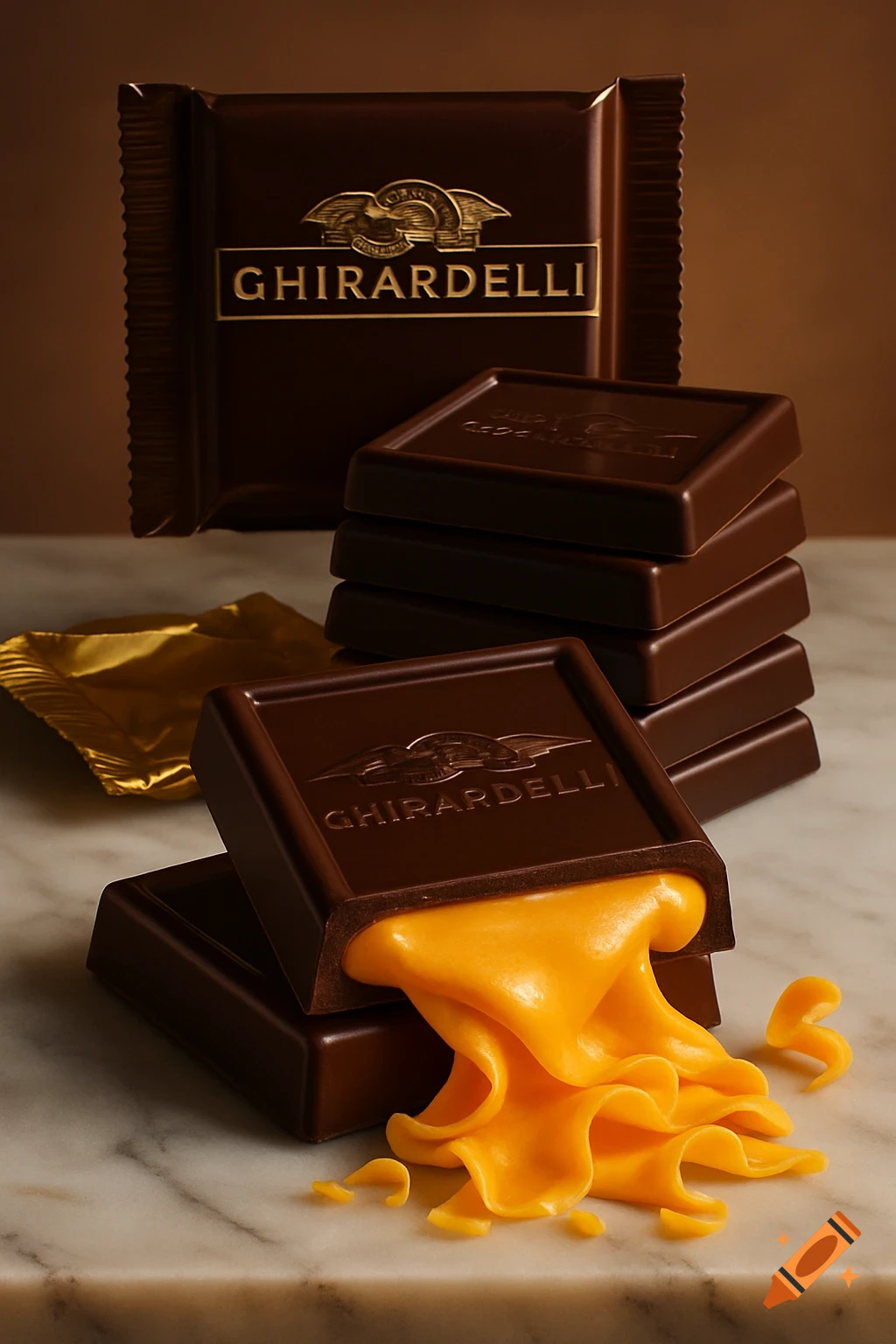 Photorealistic image of Ghirardelli chocolate squares with orange American cheese filling oozing out on a marble counter.