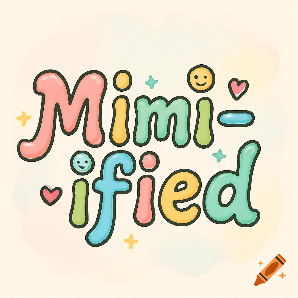 Colorful bubbly logo for 'Mimi-ified' with smileys, hearts, and stars on a soft watercolor background.