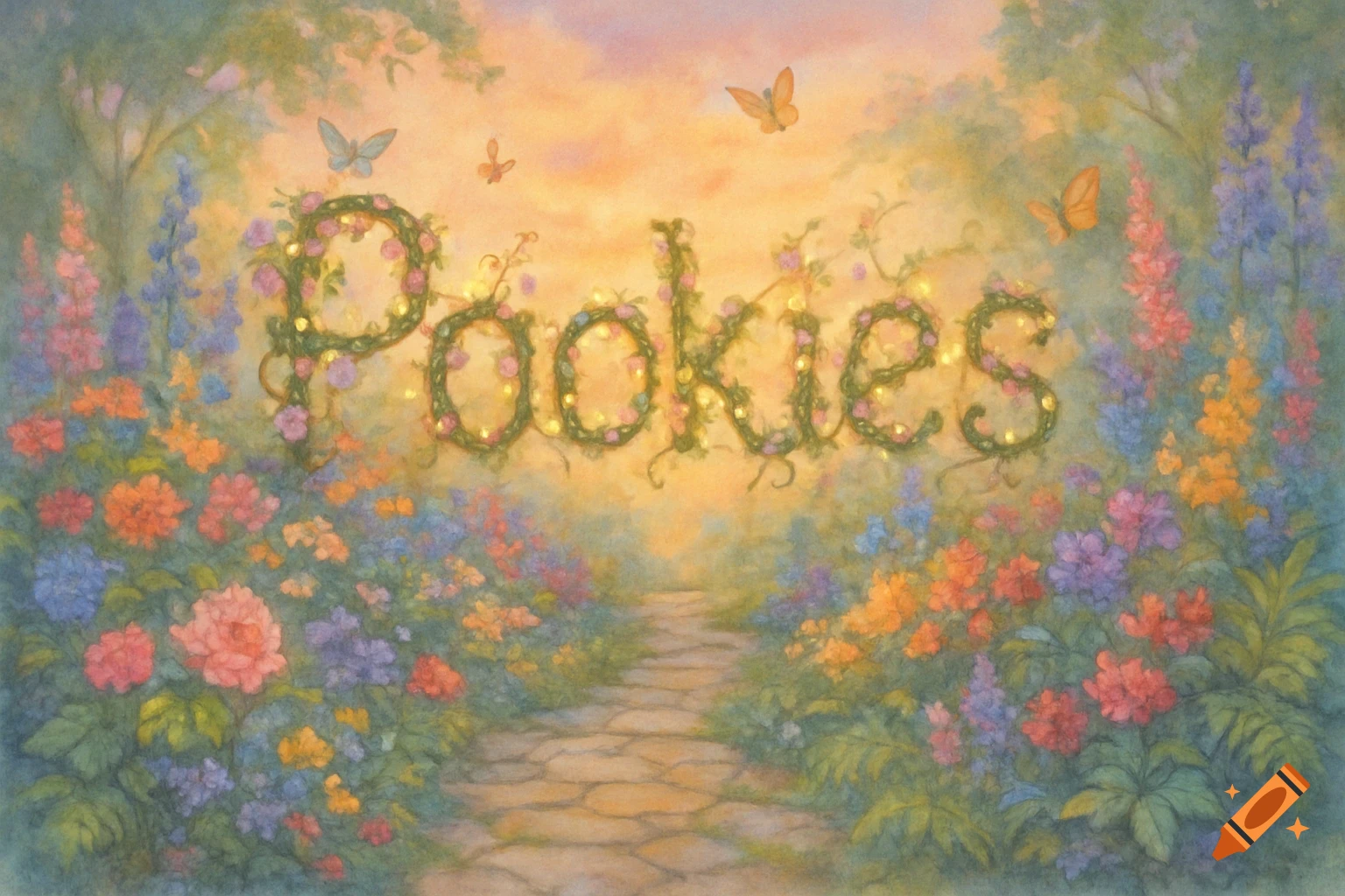 Whimsical garden scene with 'Pookies' spelled out in flowers and vines, a stone path, and butterflies.