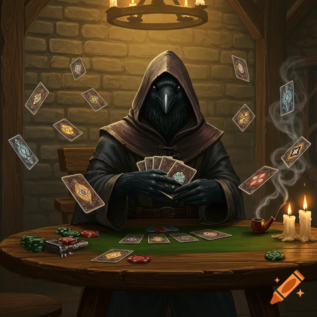 A hooded raven-like creature plays a card game at a wooden table with floating magic cards and poker chips.