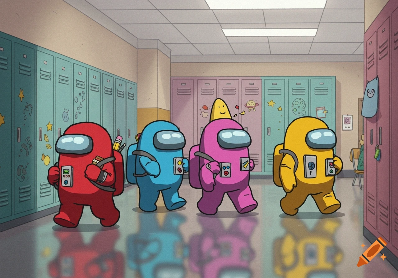 Four colorful Among Us characters in a cartoon style, walking down a school hallway lined with lockers.
