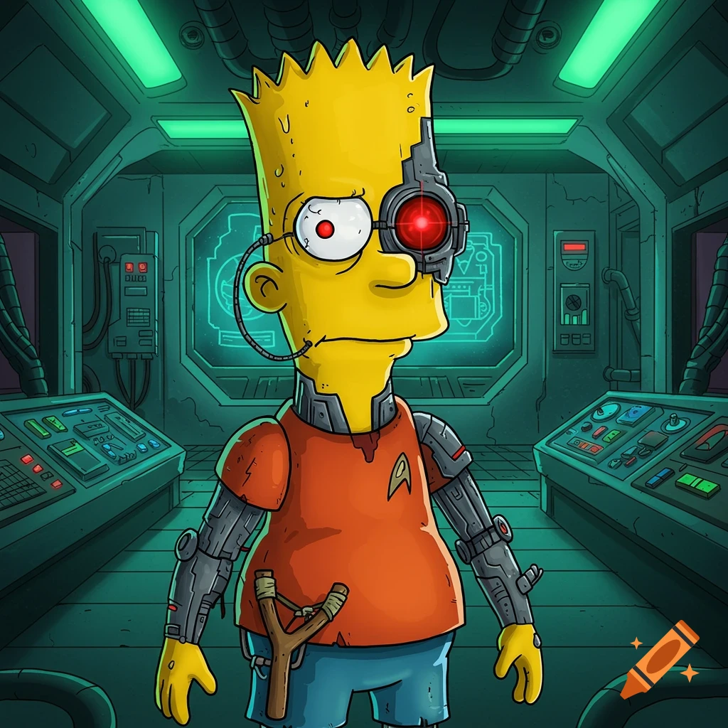 Digital art of Bart Simpson reimagined as a Borg, with a red glowing eye and metallic implants on his head and arms, wearing an orange shirt with a Starfleet insignia, and holding a slingshot, standing in a futuristic spaceship bridge.