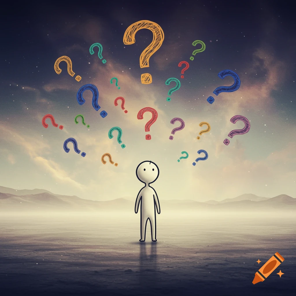 A simple stick figure stands in a barren landscape looking up at many colorful question marks floating above its head. Stylized illustration.