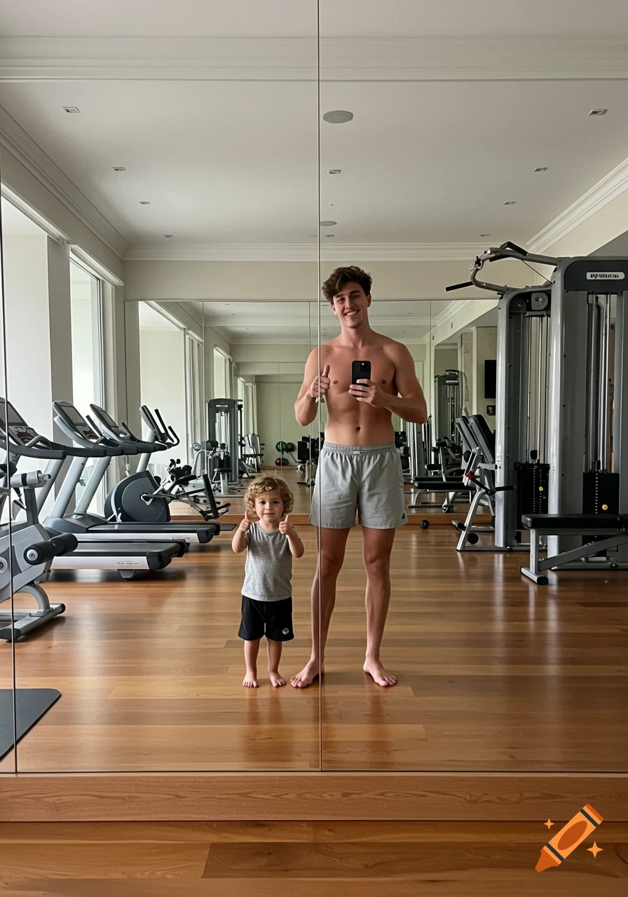 A shirtless man and a toddler pose for a mirror selfie in a gym, both giving thumbs up.