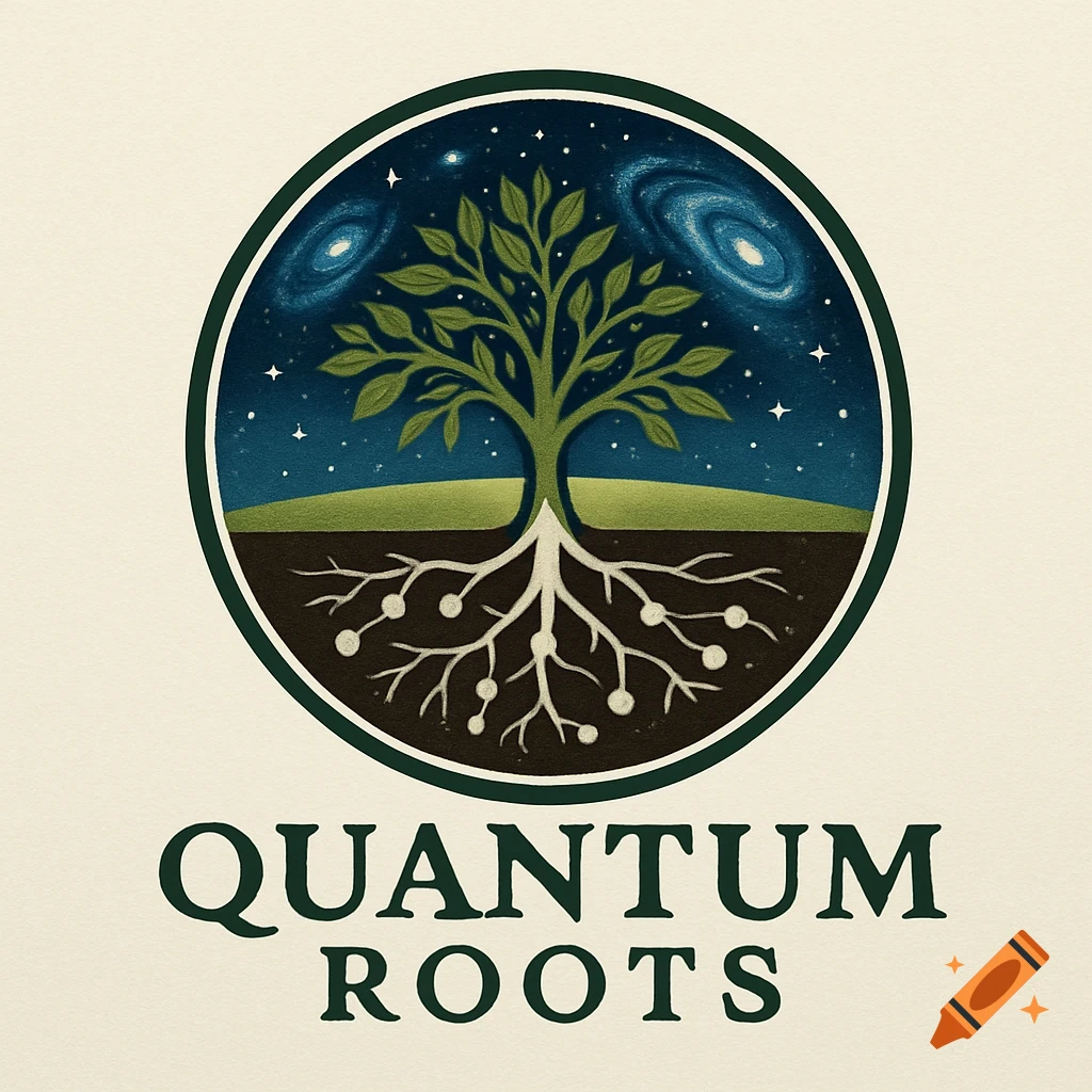 A circular logo with a tree and roots, a starry sky with galaxies, and the text 'QUANTUM ROOTS' below.