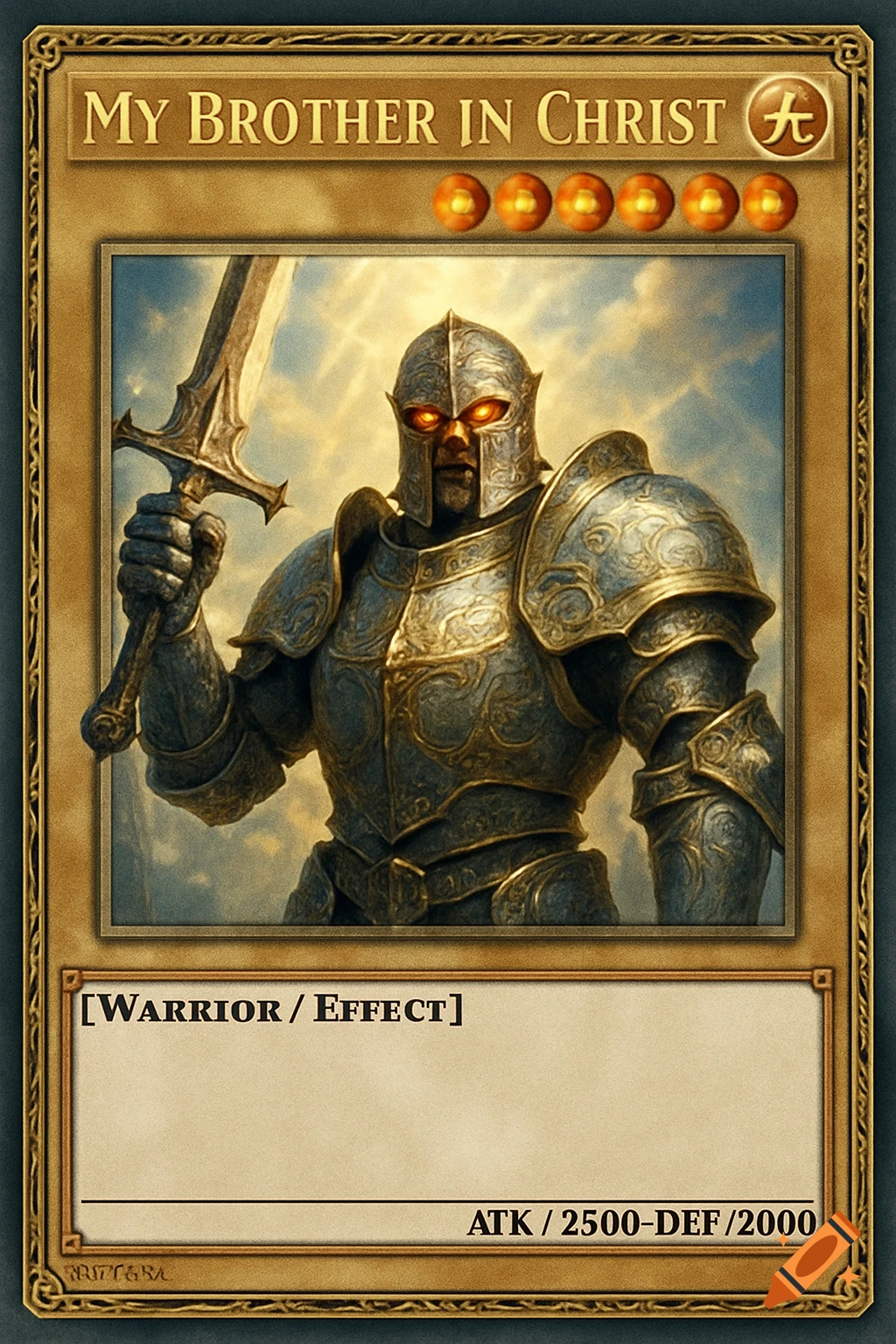 A Yu-Gi-Oh style card featuring a knight in elaborate gold and silver armor holding a sword, with the title "My Brother in Christ" at the top.