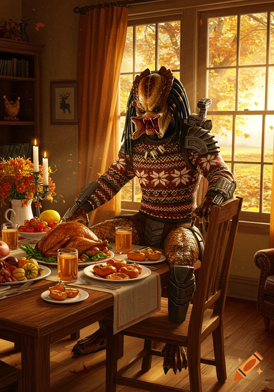 A photorealistic image of the Predator wearing a holiday sweater, sitting at a table with a Thanksgiving dinner spread, with autumn foliage visible outside a large window.