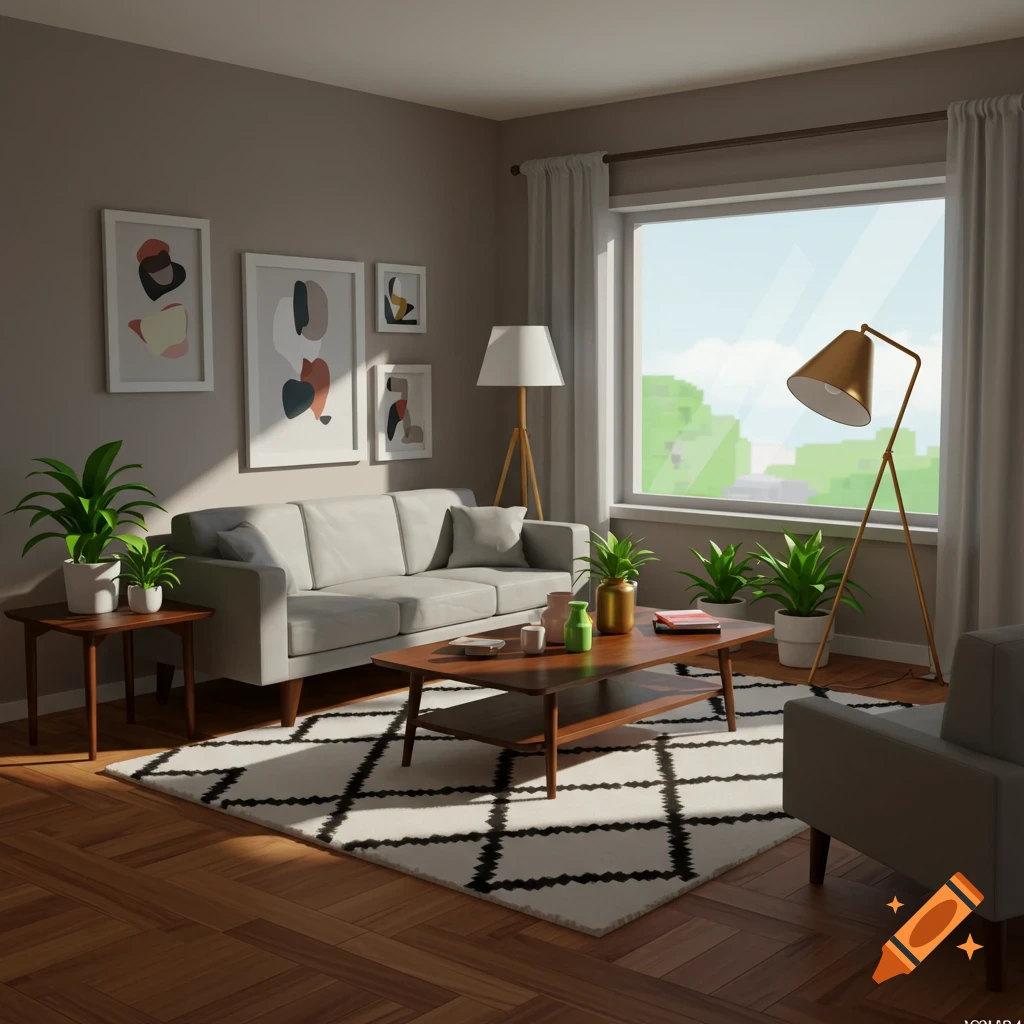 A modern living room with a light gray sofa, wooden coffee table, and a white rug with a black geometric pattern. Sunlight streams through a large window, illuminating potted plants and abstract wall art.