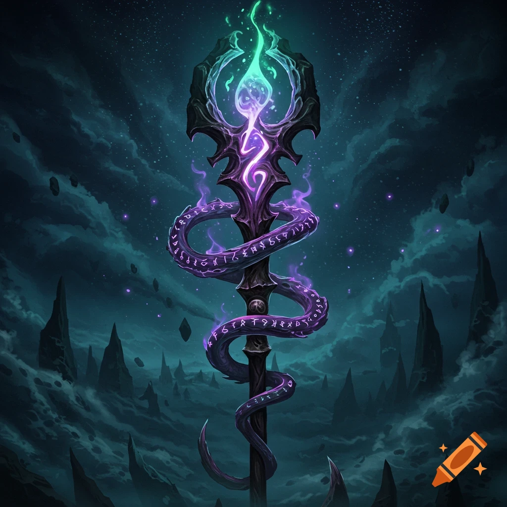 A dark, ornate fantasy staff wrapped in glowing purple runes, topped with a green-blue mystical flame, against a dark, cloudy sky with floating rocks and jagged peaks.