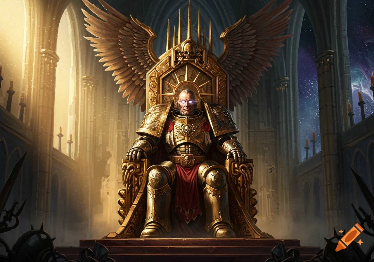 A powerful figure in golden armor sits on an ornate winged throne in a grand gothic hall with a cosmic background.