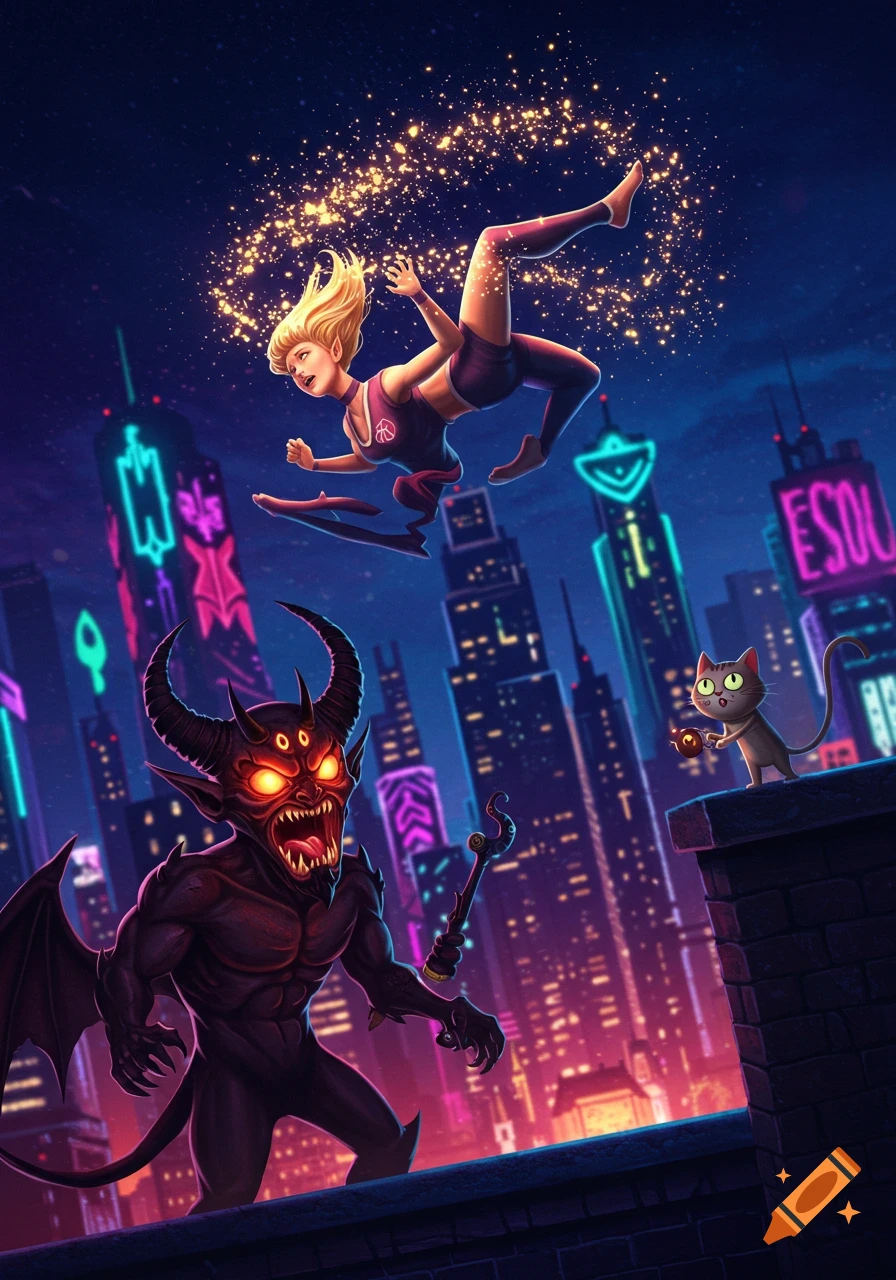 A blonde woman in athletic wear flips in the air, sparkling with magic above a snarling demon and a cat on a glowing neon cityscape at night.