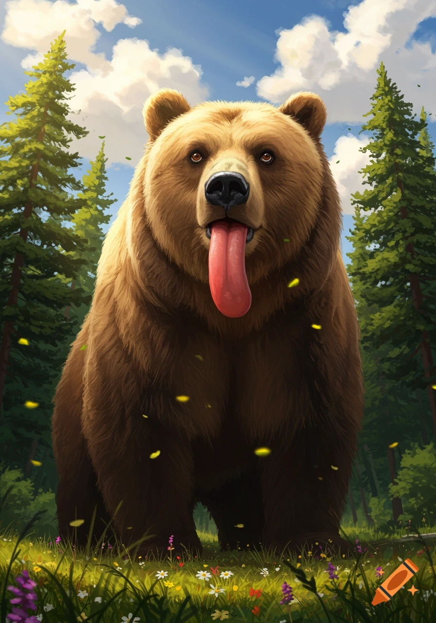 A giant brown bear with a long, droopy tongue stands in a sunny forest clearing filled with green grass and wildflowers.
