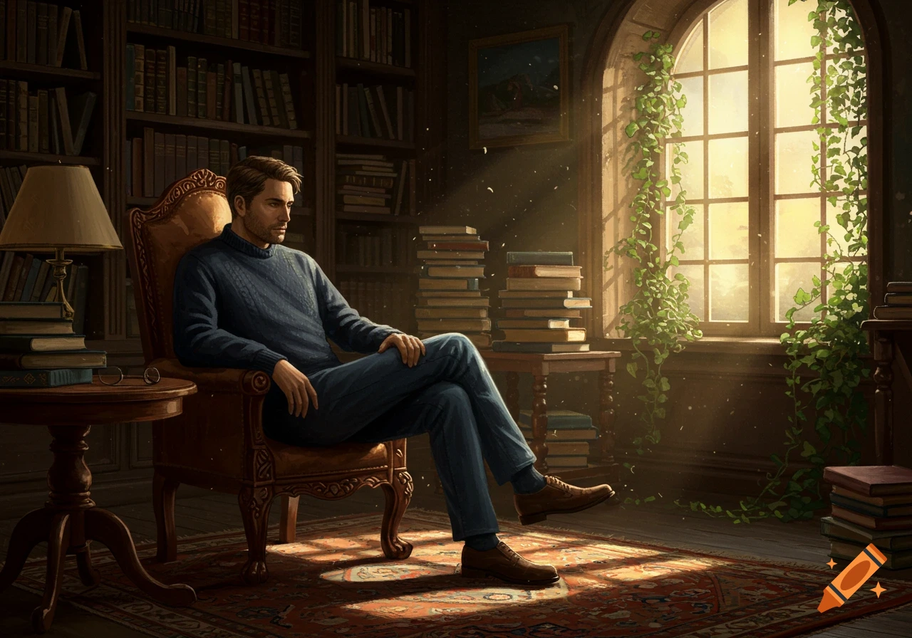 A man sits in an armchair within a sunlit library, surrounded by bookshelves and stacks of books. The style is photorealistic.