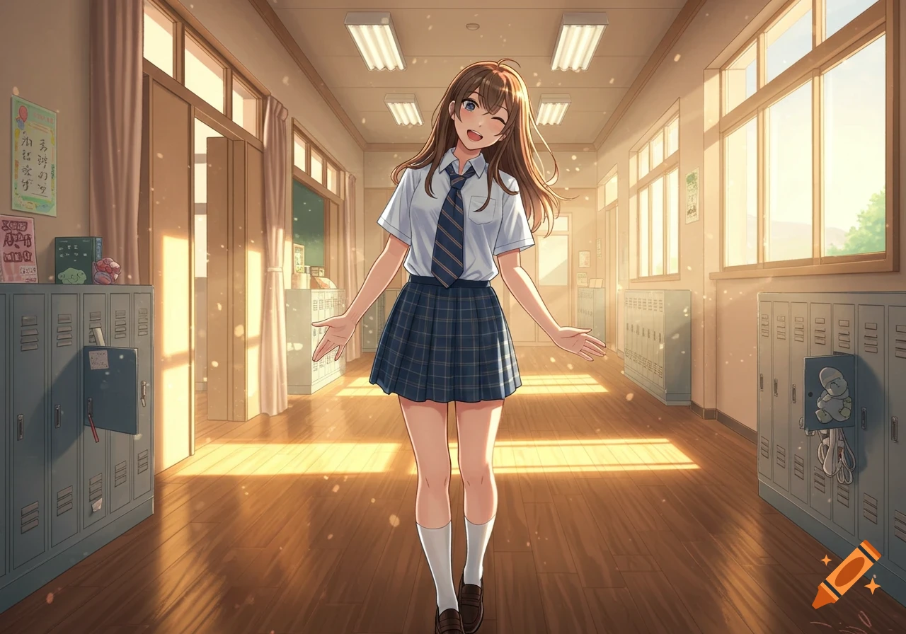An anime girl in a school uniform stands in a sunny hallway with lockers, smiling and winking with outstretched arms.
