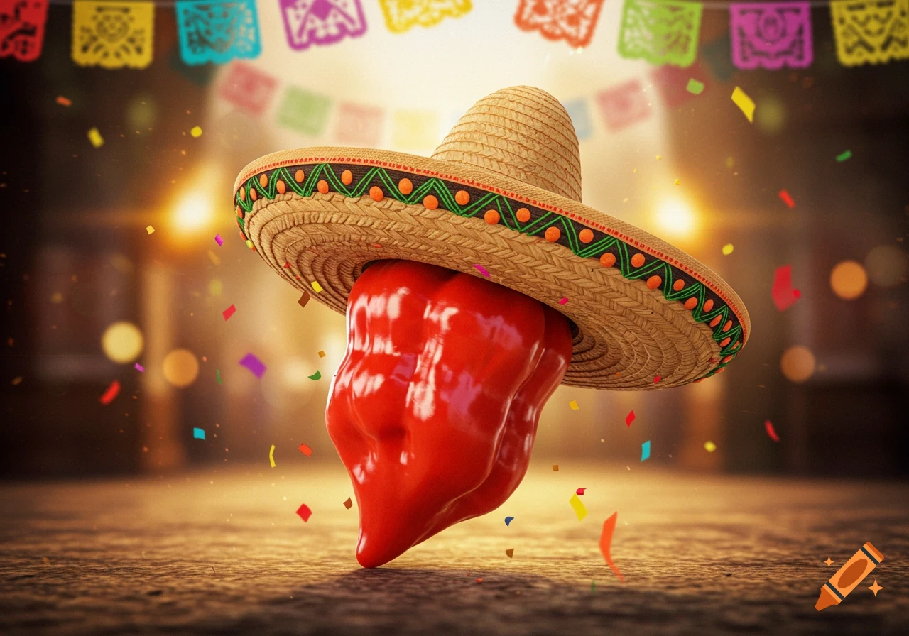 A photorealistic red habanero pepper wearing a sombrero with falling confetti and colorful banners in the background.