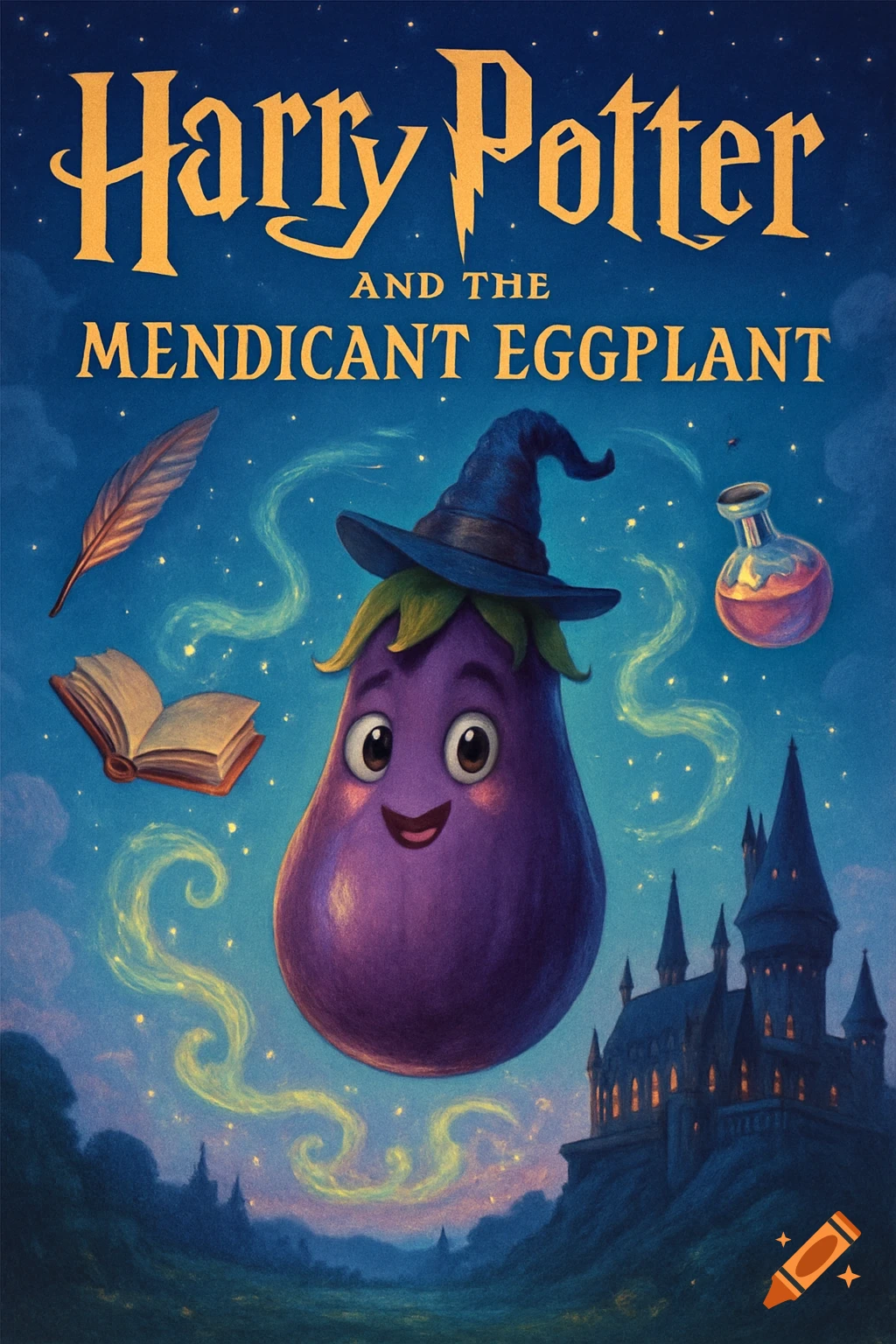 A whimsical book cover for 'Harry Potter and the Mendicant Eggplant' featuring a smiling, purple eggplant in a wizard hat floating above a castle at night.
