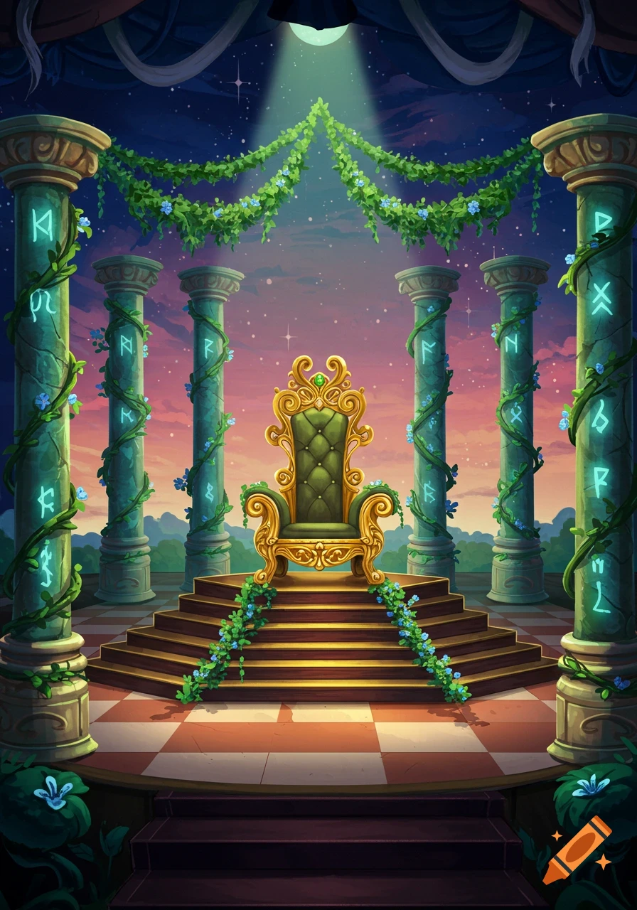 A golden throne sits on steps, flanked by vine-covered pillars with glowing runes, under a starry twilight sky in a grand hall.