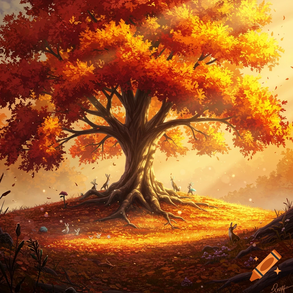 An enchanting illustration of a giant autumn tree with vibrant red and orange leaves, casting light on a hill with small fantasy creatures.