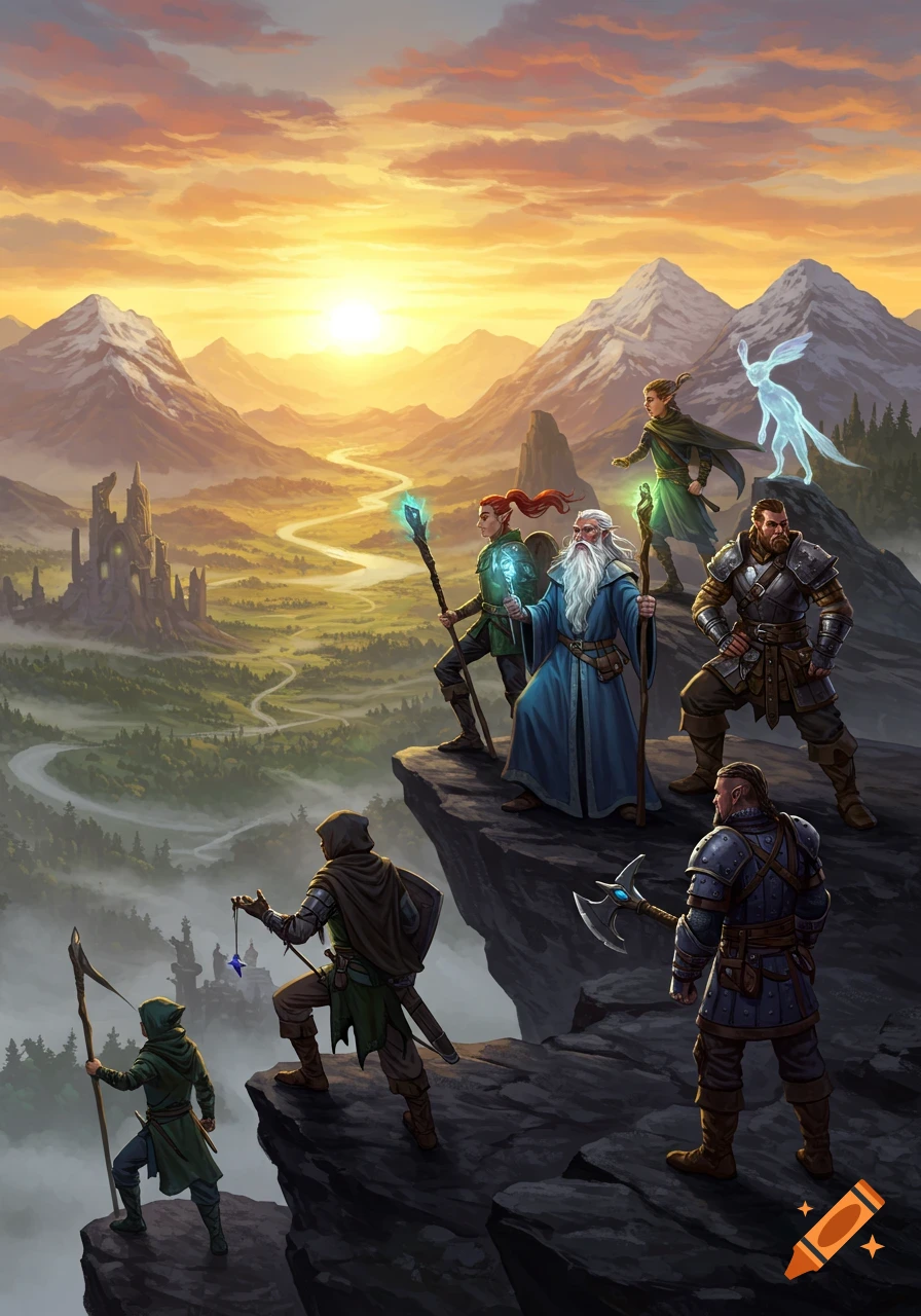A group of fantasy heroes stands on a mountain peak at sunset, overlooking a valley with a winding path and a distant castle.