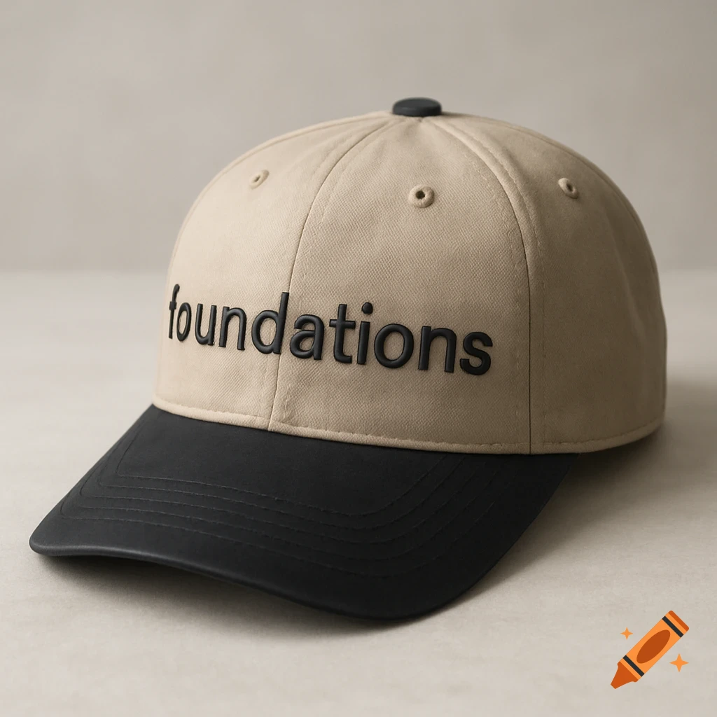 A beige baseball cap with a black bill and the word 'foundations' in black embossed letters on the front.