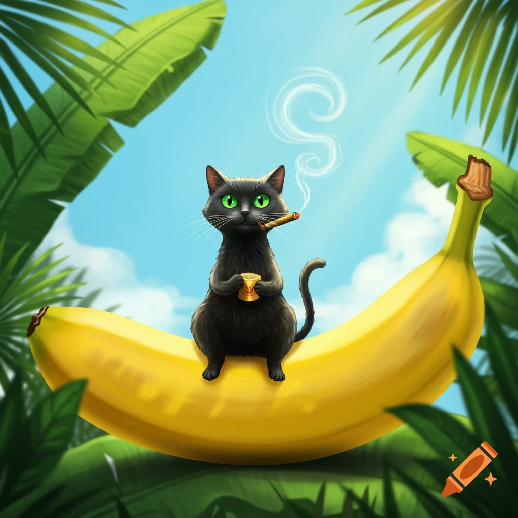 A cartoon black cat with bright green eyes sits on a large yellow banana, smoking a cigar, surrounded by green tropical leaves under a blue sky.