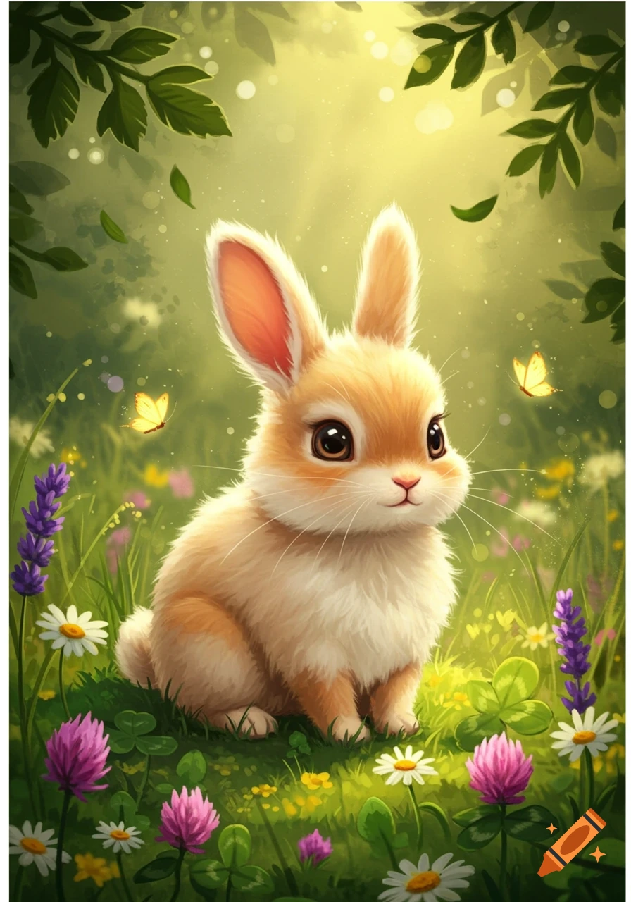 A cute, fluffy light brown bunny sits in a sunlit field surrounded by green grass, purple and white flowers, and yellow butterflies.