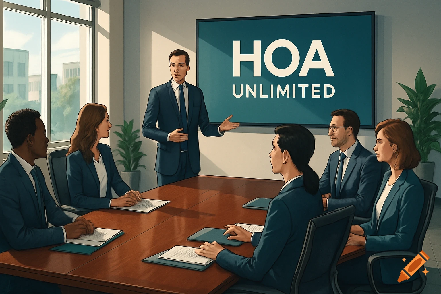 A man in a suit presents to a diverse group of professionals seated around a large table in a modern conference room, with a screen displaying 'HOA UNLIMITED' behind him.