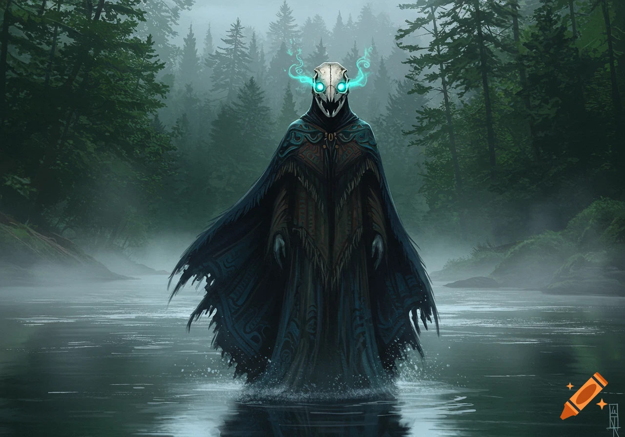 A terrifying spirit with a glowing skull head and patterned cloak stands in misty water in a dark forest.