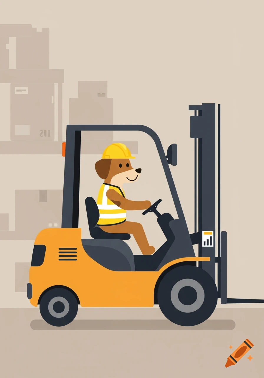 A cartoon dog in a yellow hard hat and safety vest drives an orange and black forklift in a warehouse.