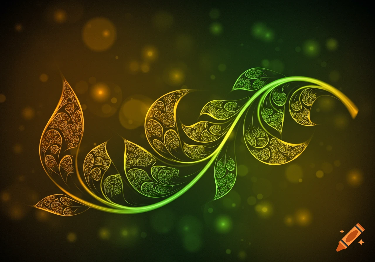 Glowing filigree swirls forming intricate leaf shapes in orange and green, set against a dark background with bokeh lights.