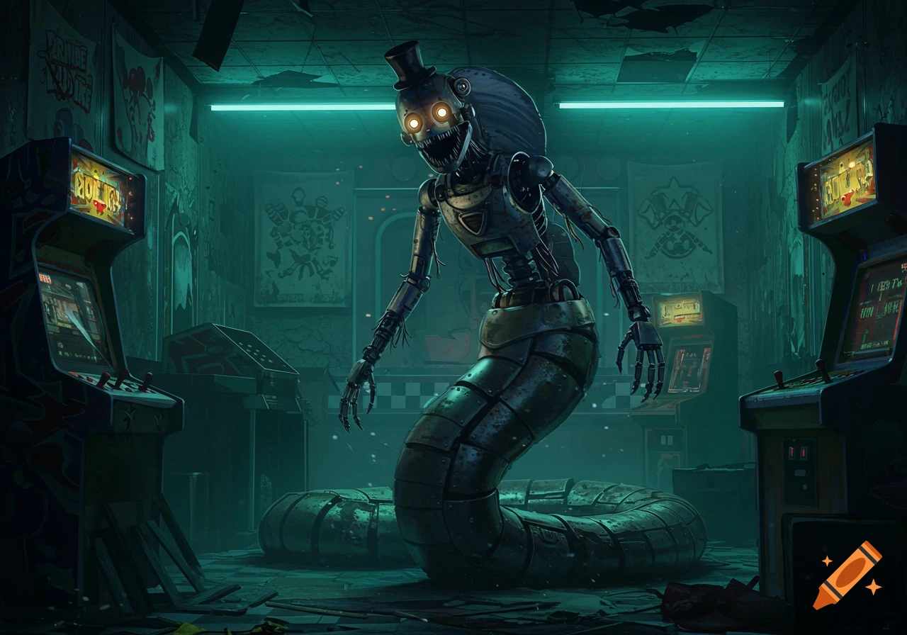 An abandoned, menacing moray eel animatronic with glowing eyes stands in a dark, derelict arcade with old game machines and posters.