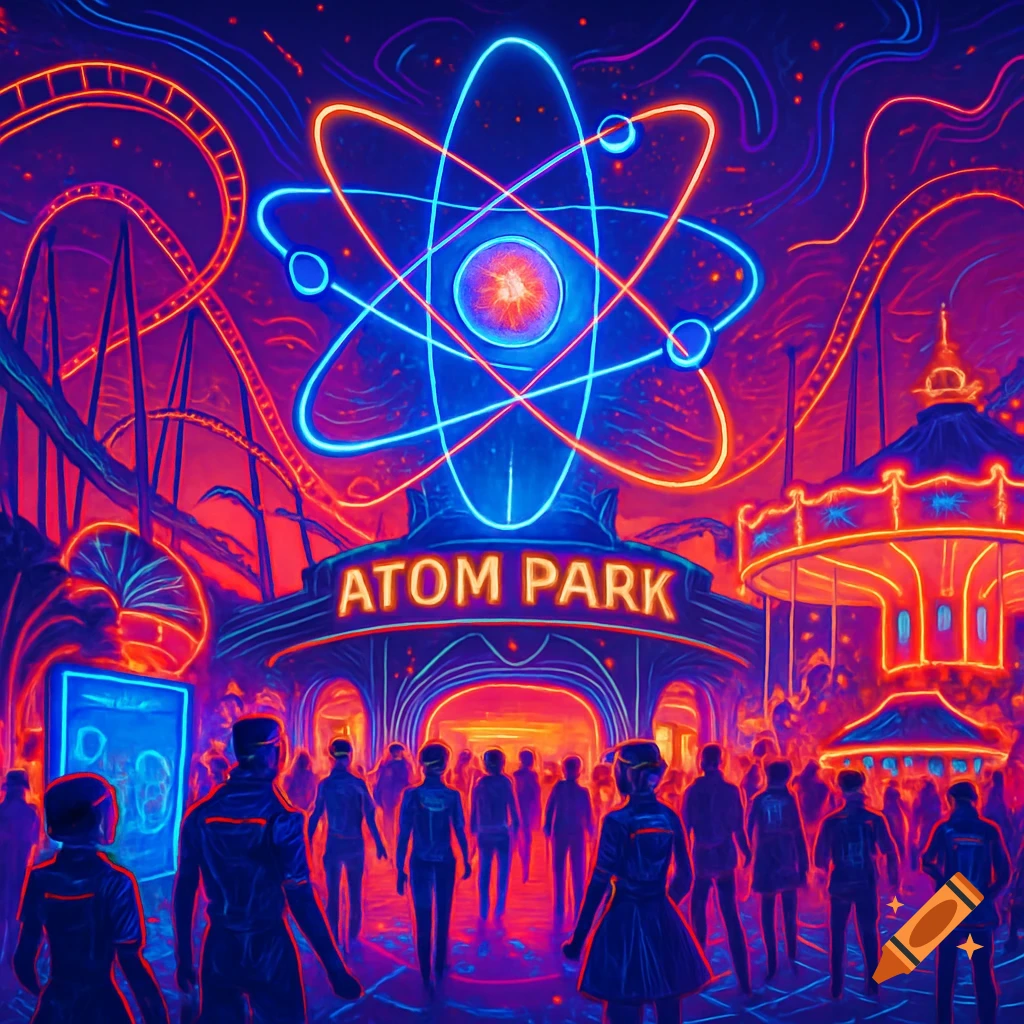 A neon-lit theme park entrance, "Atom Park" sign, glowing atom structure, and crowds of people.