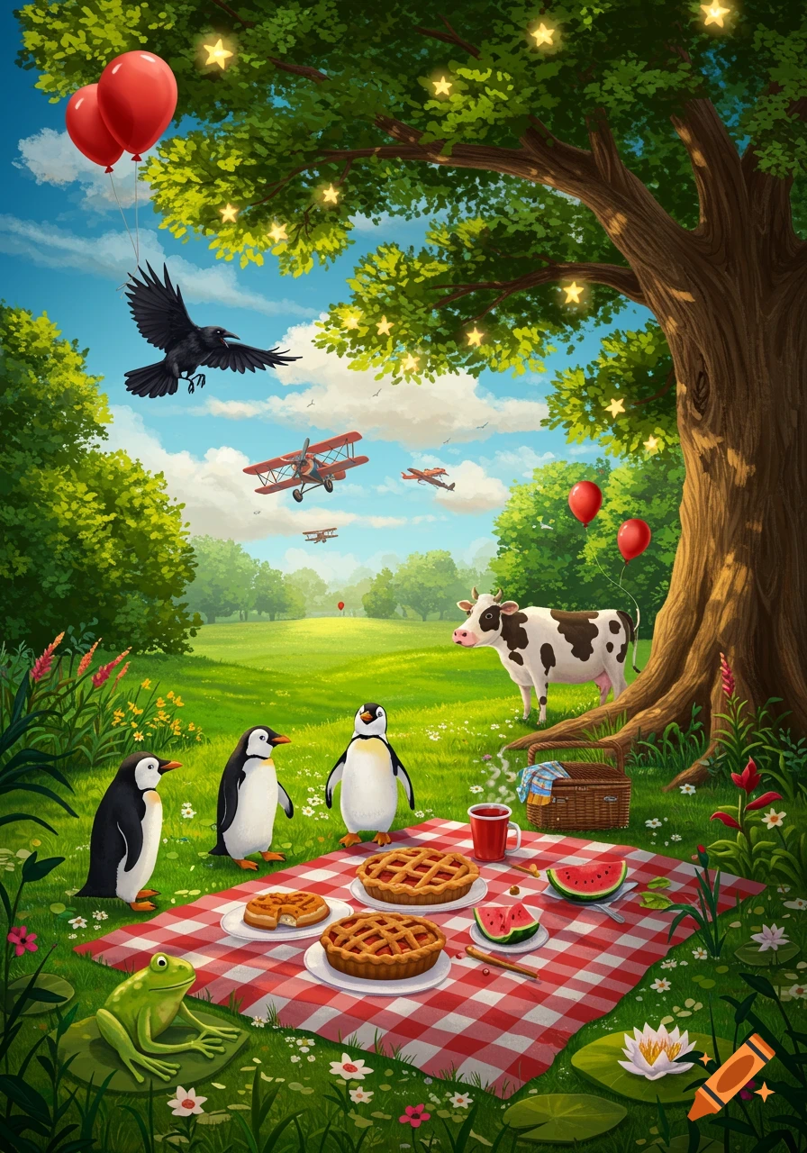 A whimsical picnic scene with three penguins, a cow, a frog, and a crow under a tree with red balloons and glowing stars, with biplanes flying overhead.