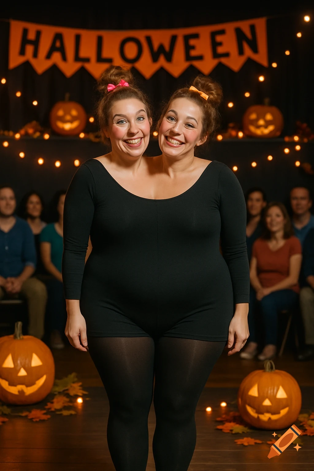 A woman with two heads in a black leotard and tights stands in a Halloween-themed room with carved pumpkins and string lights.