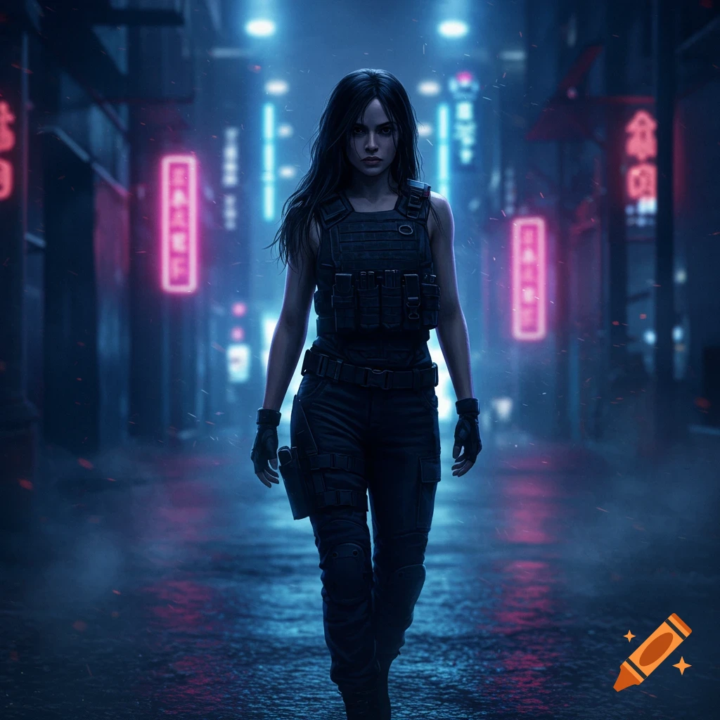 A woman in black tactical gear walks down a dark, neon-lit cyberpunk alley.