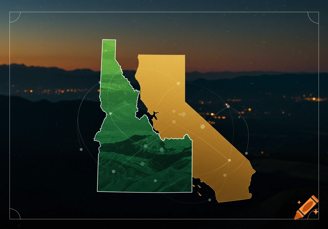 Digital illustration showing overlapping outlines of Idaho in green and California in gold against a sunset mountain and city lights background.
