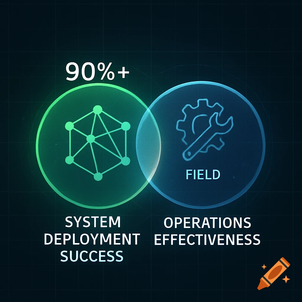 A digital diagram with two overlapping circles showing '90%+ System Deployment Success' and 'Field Operations Effectiveness'.