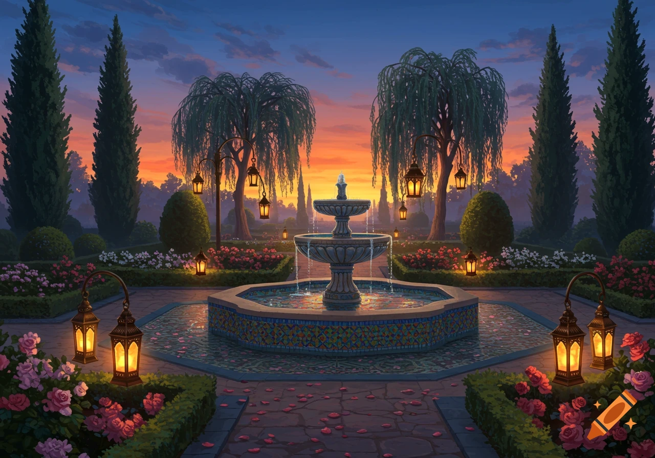 A beautiful garden with a tiered fountain and rose bushes, illuminated by lanterns under a vibrant sunset sky, in an artistic style.