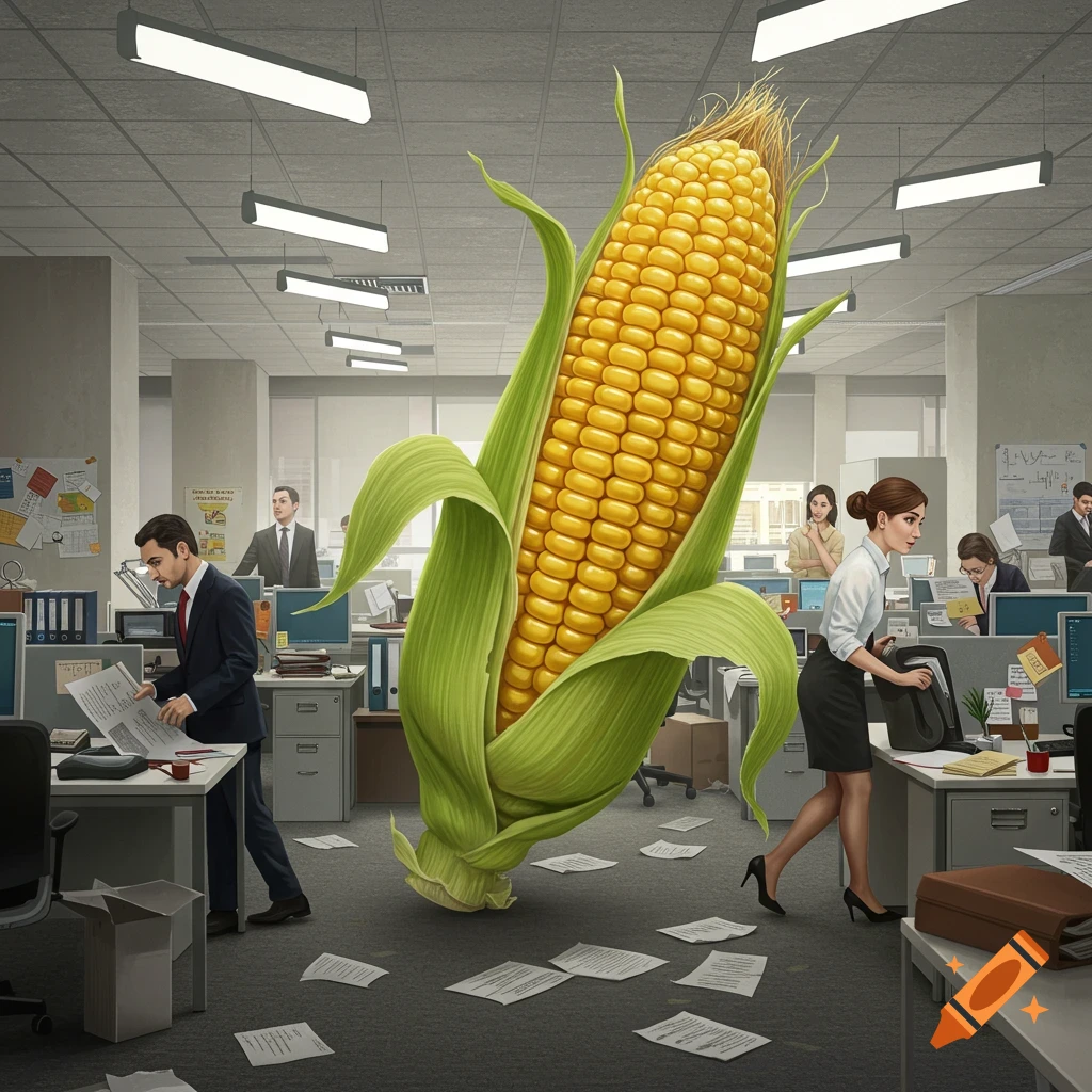 A giant ear of corn stands prominently in a busy, photorealistic office, surrounded by office workers and scattered papers.