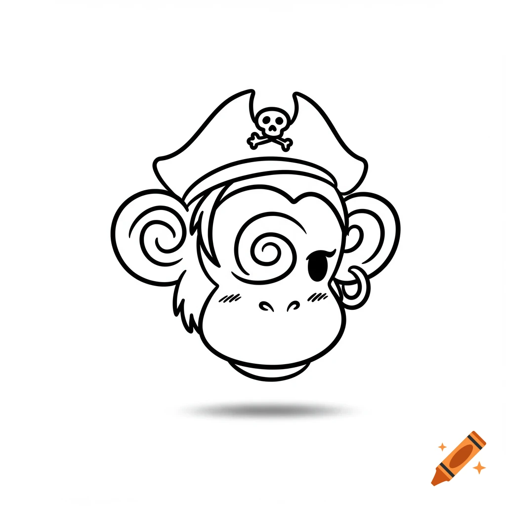Black and white line art of a cute chibi monkey head wearing a pirate hat with a skull and crossbones.