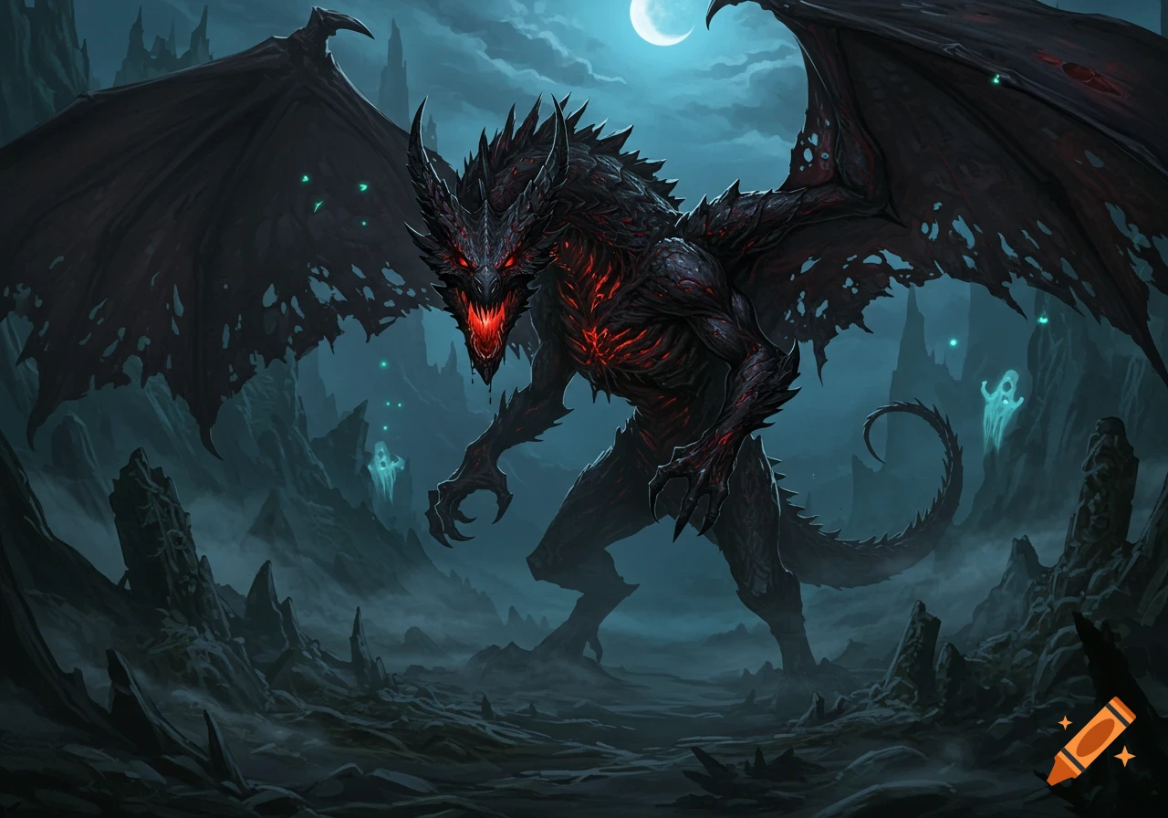 A menacing black shadow dragon with glowing red eyes and chest stands in a dark, misty, rocky landscape under a crescent moon, with two ghostly figures in the background. Its wings are large and tattered.