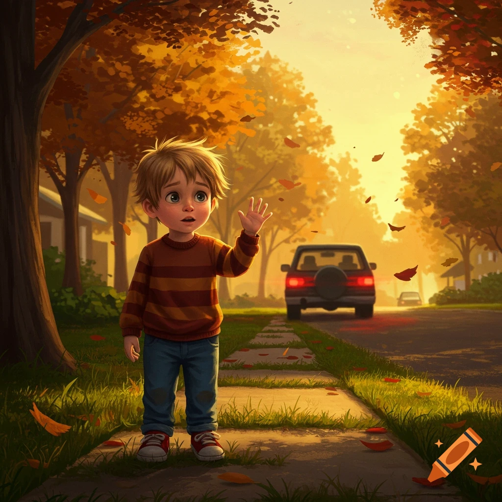 An illustrated scene of a young boy waving on an autumn street as a car drives away.