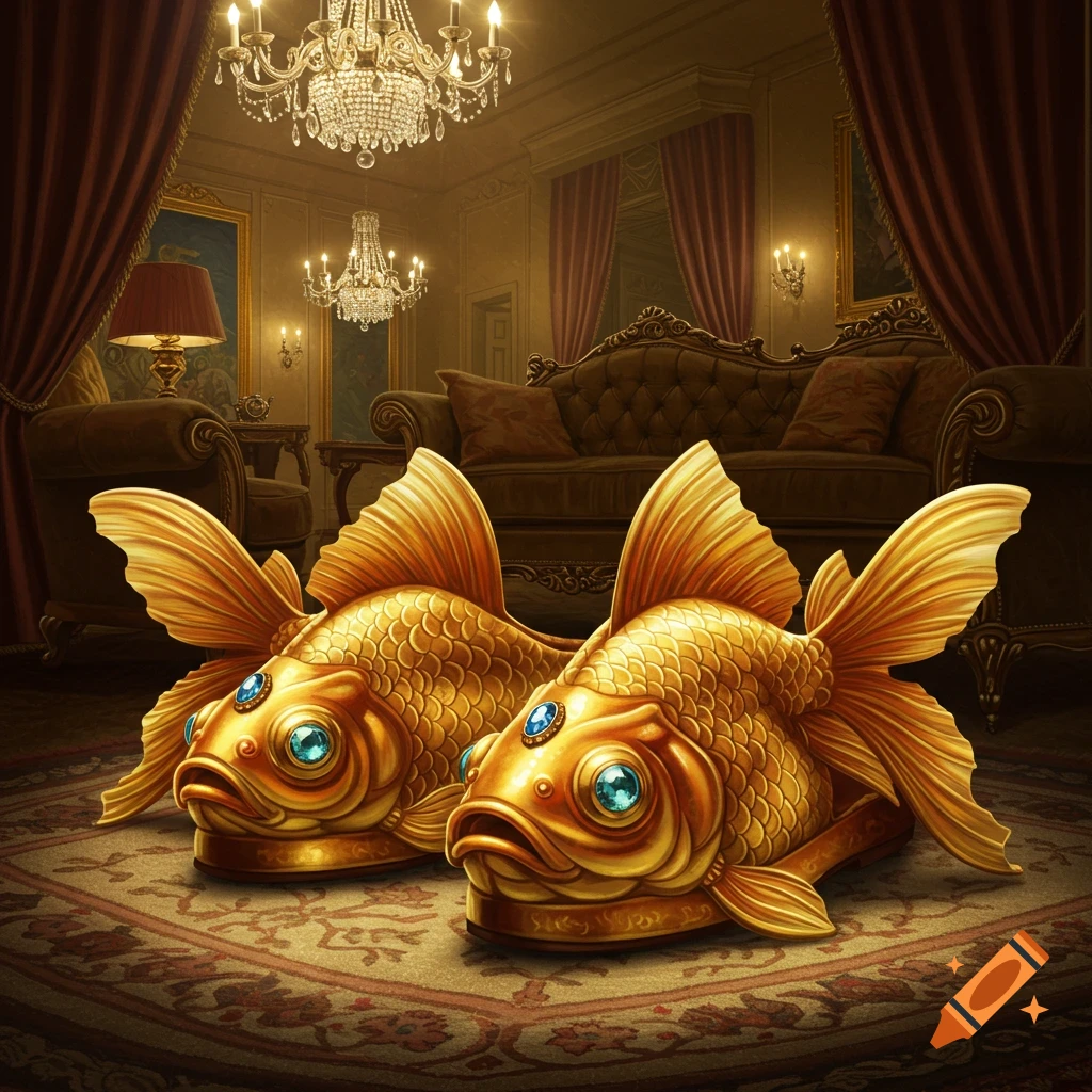 Ornate gold goldfish-shaped slippers with blue gems on a rug in a luxurious room with chandeliers.