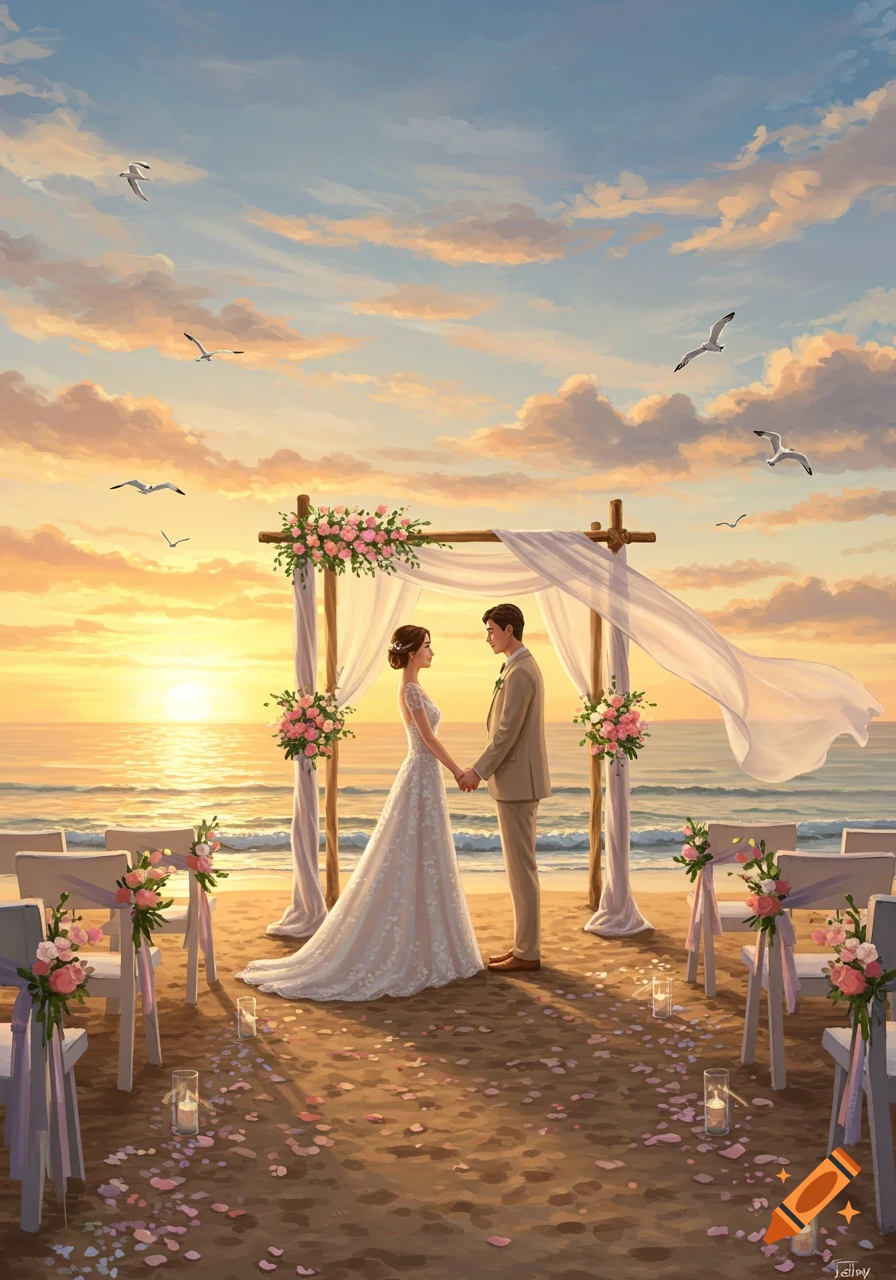 A couple holds hands under a floral arch on a sandy beach at sunset, with rose petals and chairs nearby.