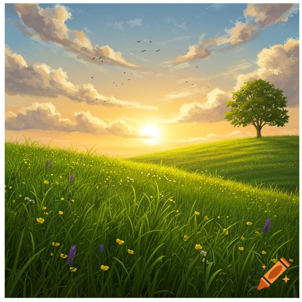A vibrant green meadow with yellow and purple wildflowers stretches towards a distant hill with a single tree under a dramatic sunset sky with clouds and birds.