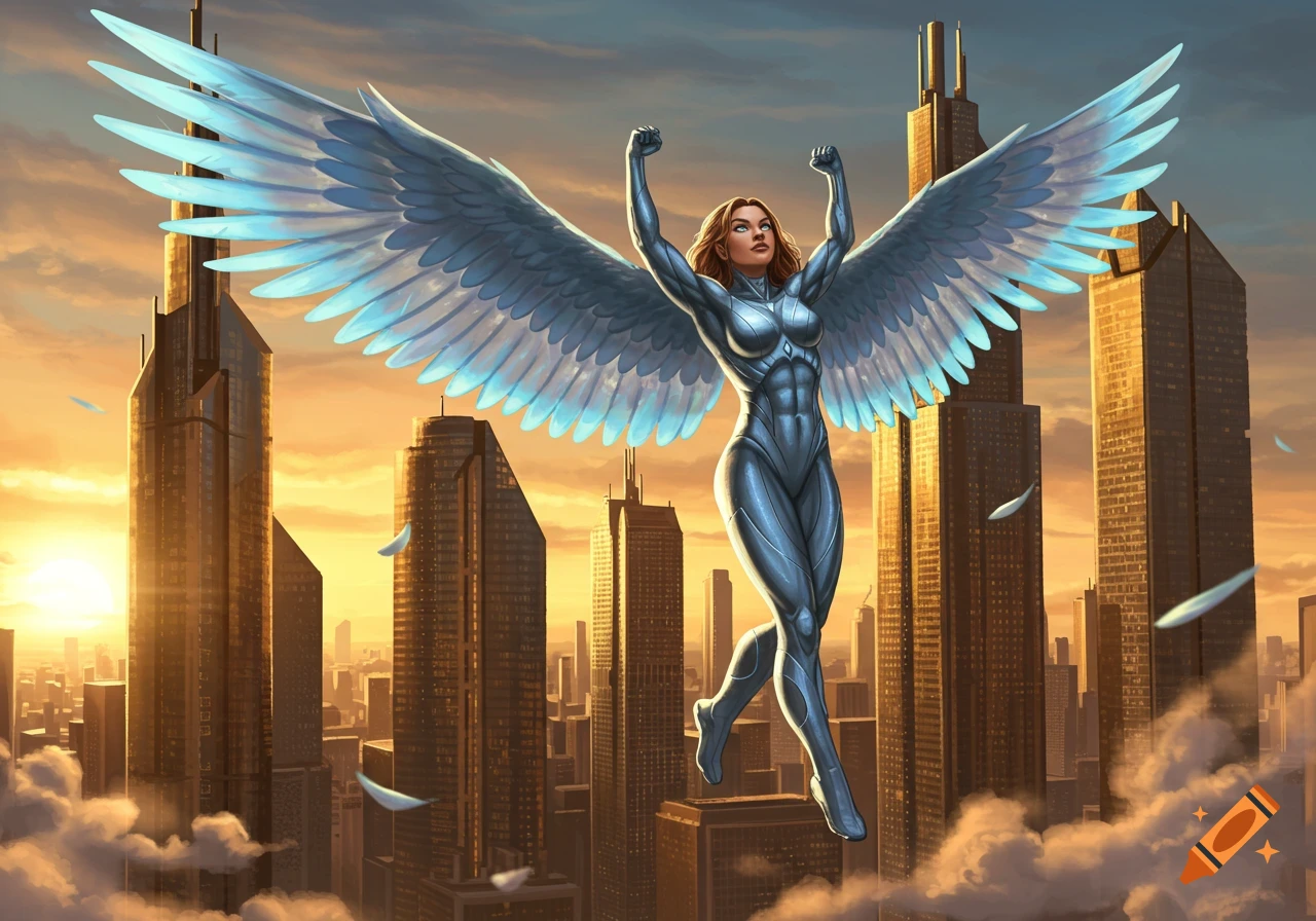 A powerful winged woman superhero in a silver suit flies above a city skyline at sunset.