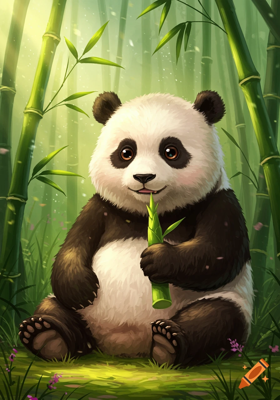 A cute, fluffy cartoon panda sits holding bamboo in a bright bamboo forest, illustration style.